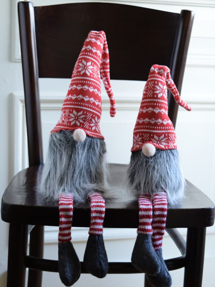 北欧のクリスマス雑貨、赤い帽子を被った妖精トムテの人形（ノルディック模様・Lサイズ）