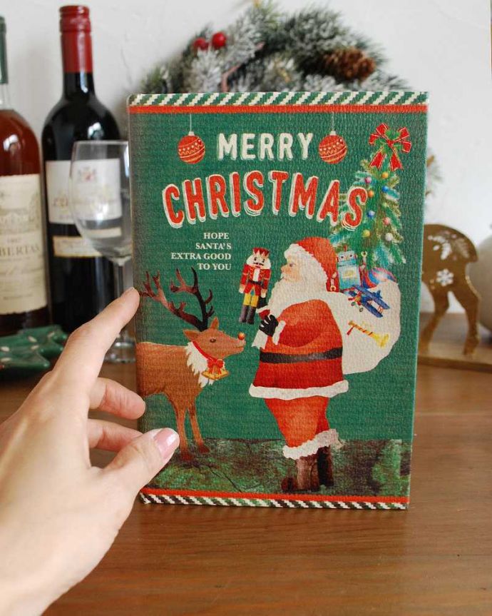 リビング雑貨　クリスマス用　ブックボックス（クリスマス・サンタさんとトナカイ）。まるでオシャレな洋書みたいです。(cm-86)