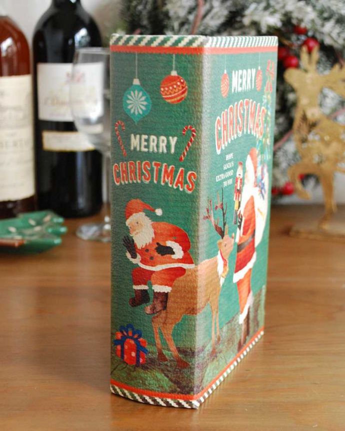 リビング雑貨　クリスマス用　ブックボックス（クリスマス・サンタさんとトナカイ）。背表紙も可愛いです。(cm-86)
