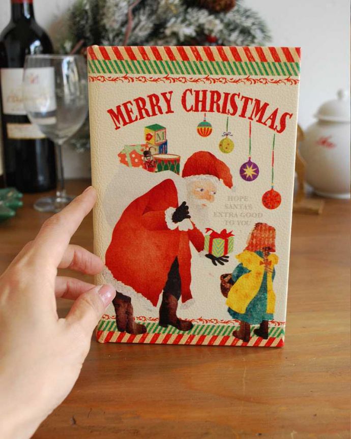 リビング雑貨　クリスマス用　ブックボックス（クリスマス・サンタさんと子ども）。まるでオシャレな洋書みたいです。(cm-92)