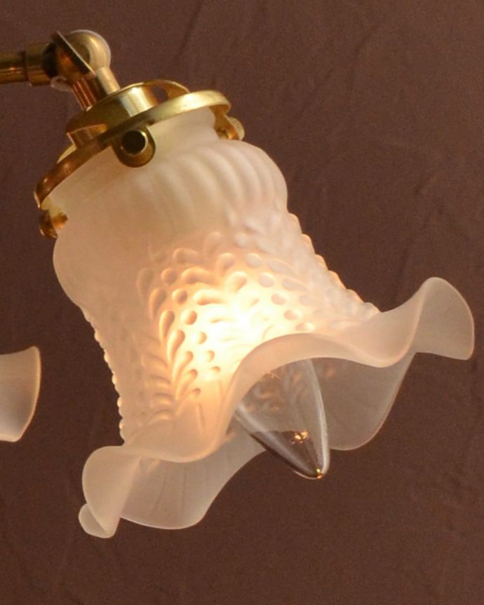 シャンデリア　照明・ライティング　スズランが咲いたデザインが可愛いアンティーク風のガラスシェード付きシャンデリア（5灯・電球なし）。。(cr-507-g)