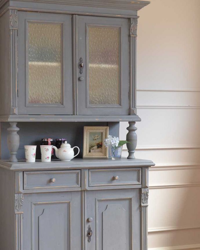 アンティークのペイント家具、フランスの素敵なカップボード（食器棚）