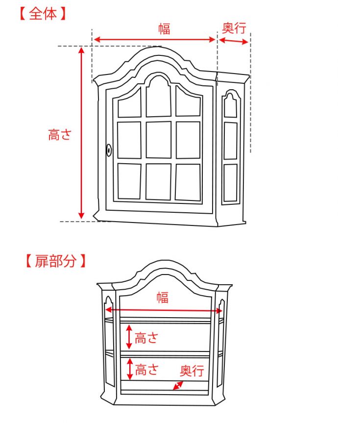 アンティークのウォールキャビネットのサイズイメージ