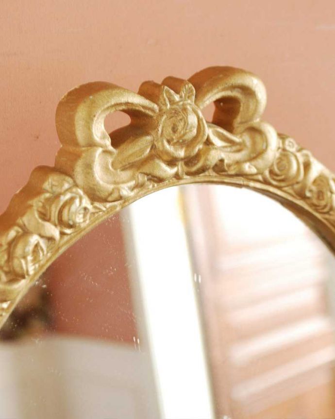 アンティーク ミラー（鏡）　アンティーク雑貨　ゴールドフレームのリボンモチーフ、フランスアンティークのスタンドミラー（三面鏡）。美しい装飾が華やかでｽﾃｷです。(d-1472-z)