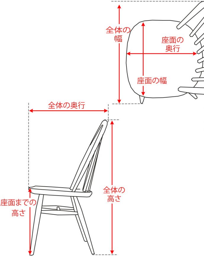 ダイニングチェア　アンティークチェア・椅子　アーコールのシスルバックチェア（チョコアップル色・ハの字脚）サイズ表　(ear-18-pp)