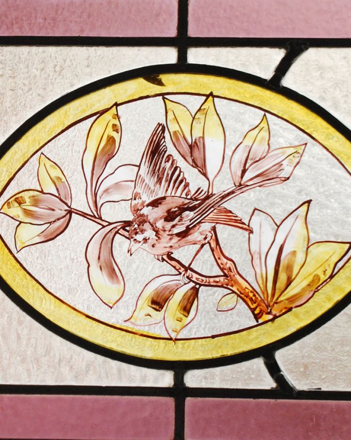 アンティーク ステンドグラス　アンティーク雑貨　小鳥の絵付けが美しい、イギリスのアンティークステンドグラス。太陽の光を通してキラキラ輝くガラスやっぱり魅力はアンティークらしい美しい模様。(g-1220)