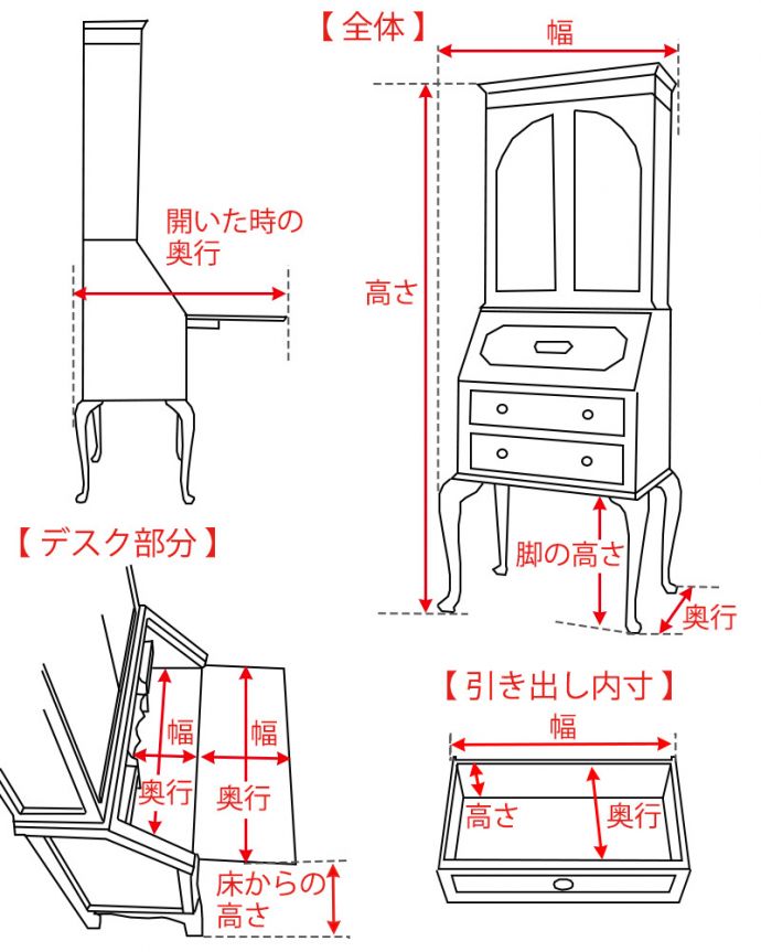 ビューロー　アンティーク家具　ビューローブックケース　サイズ表 (q-2550-f)