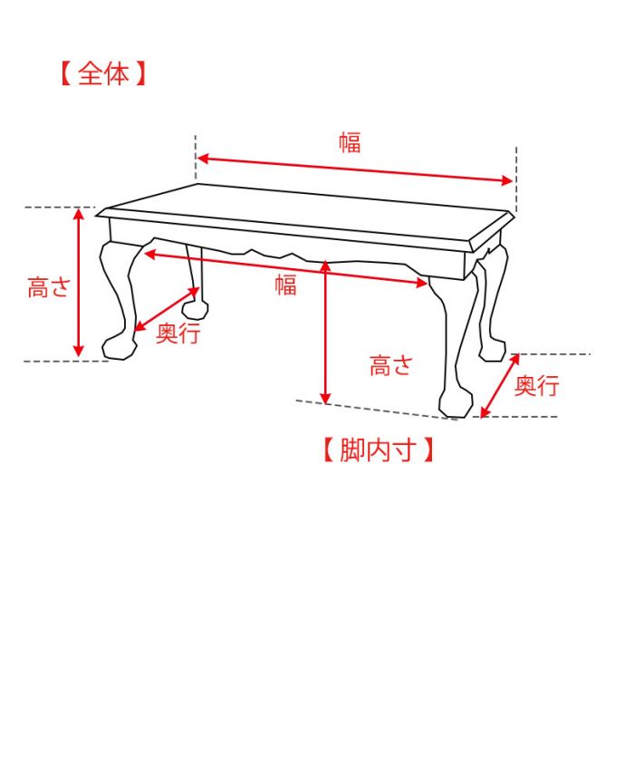 アンティークのテーブル　アンティーク家具　コーヒーテーブル　サイズ表(q-2155-f)