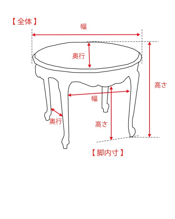 アンティークのテーブル　アンティーク家具　アンティーク コーヒーテーブル　サイズ表(k-2847-f)