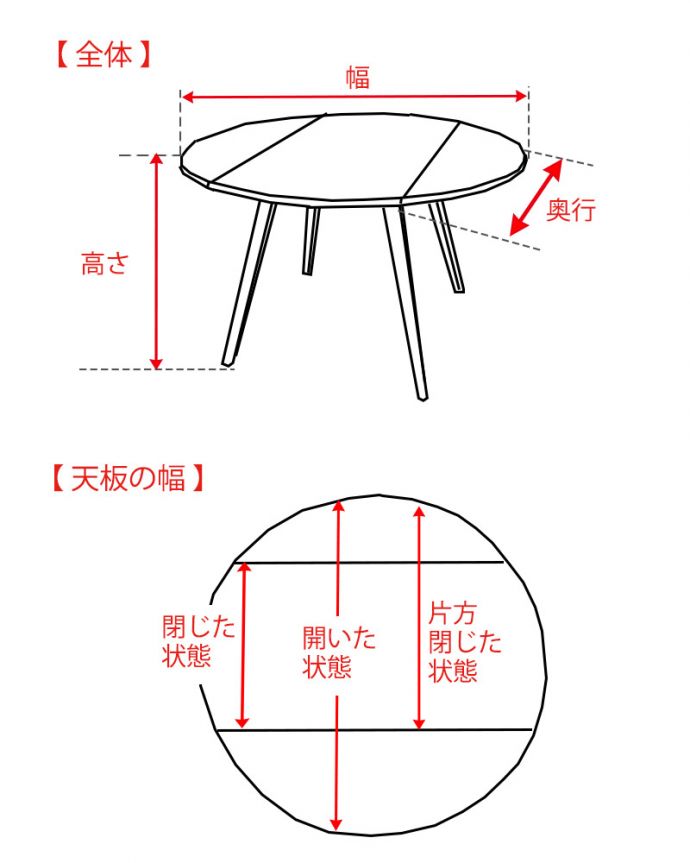 アーコールのバタフライテーブルのサイズ表