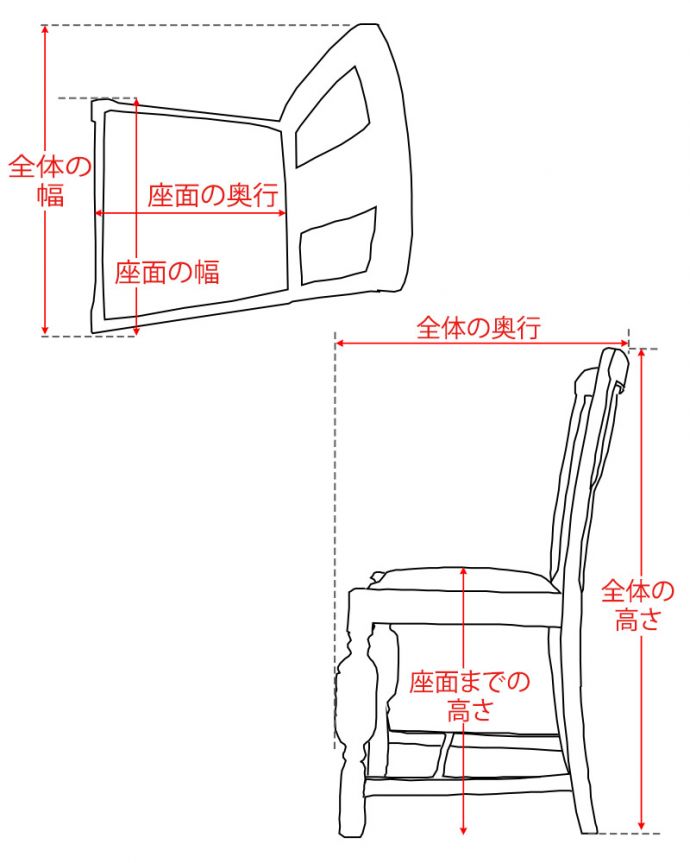 ダイニングチェア　アンティーク風　ダイニングチェア(赤モケット)　サイズ表(y-219-c)