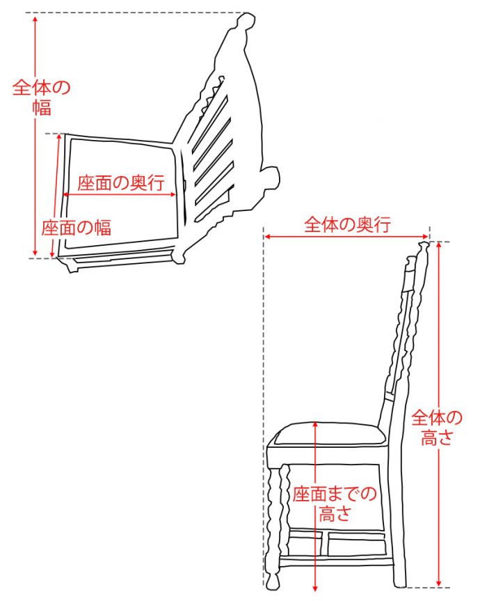 ダイニングチェア　アンティークチェア・椅子　オークチェアー　サイズ表(q-424-c)