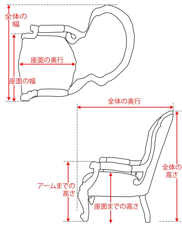 アンティークチェア・椅子　イージーチェア　(q-435-c)サイズ表