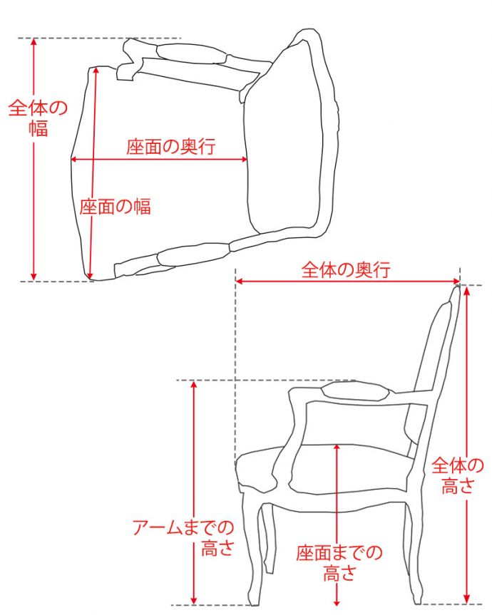 パーソナルチェア　アンティークチェア・椅子　プチポワンアームチェア　サイズ表(j-688-c)