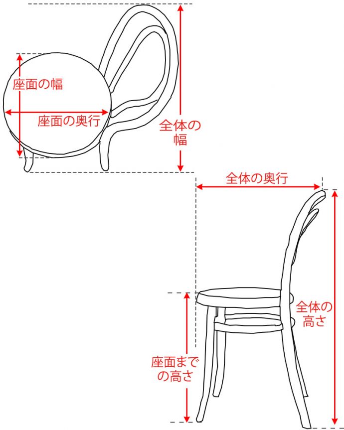 ダイニングチェア　アンティークチェア・椅子　ベントウッドチェアー　サイズ表 (k-1756-c)