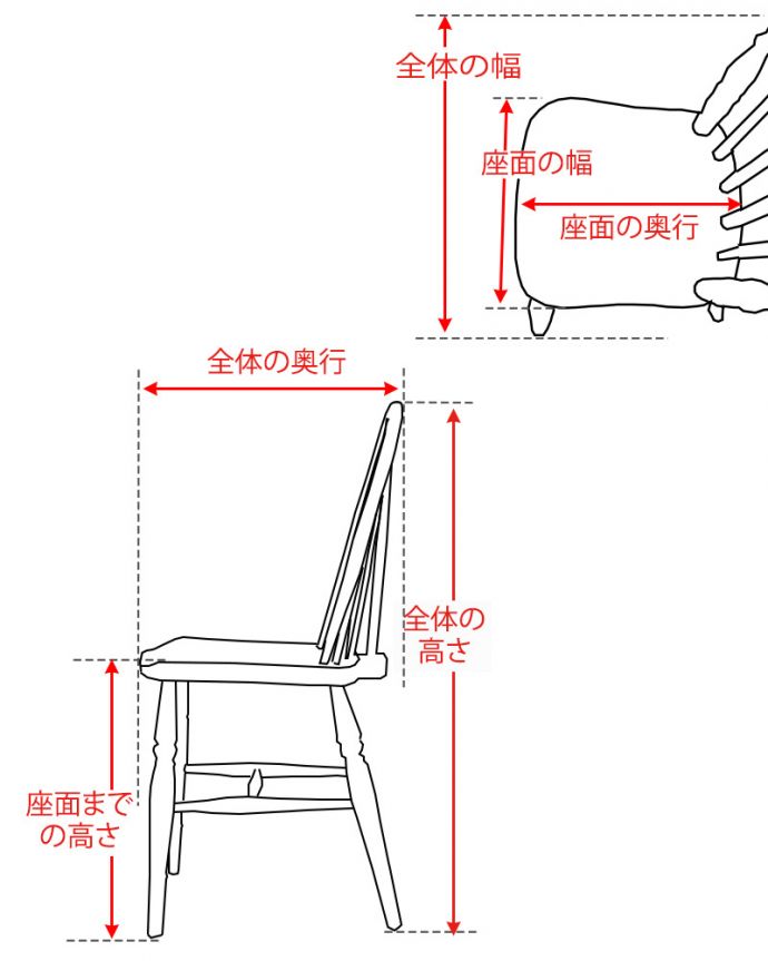 ダイニングチェア　アンティークチェア・椅子　キッチンチェアー　サイズ表(k-1769-c)