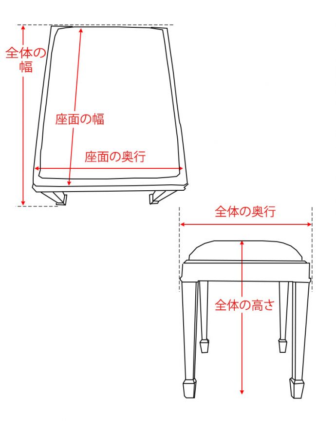 スツール・オットマン・ベンチ　アンティークチェア・椅子　ピアノスツール商品UP用　サイズ表(z-065-c)
