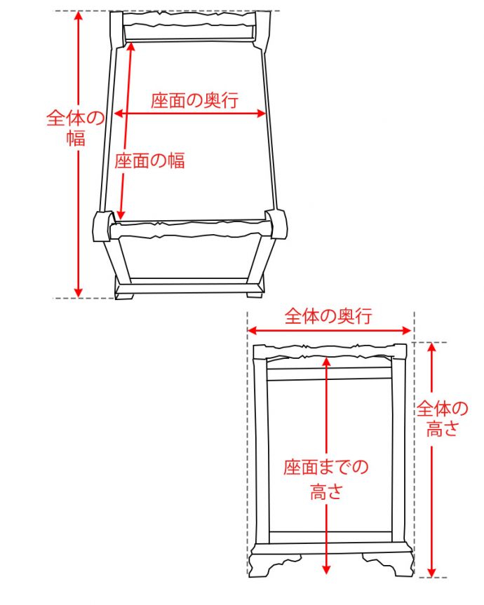 スツール・オットマン・ベンチ　アンティークチェア・椅子　スツール　(q-413-c) サイズ表