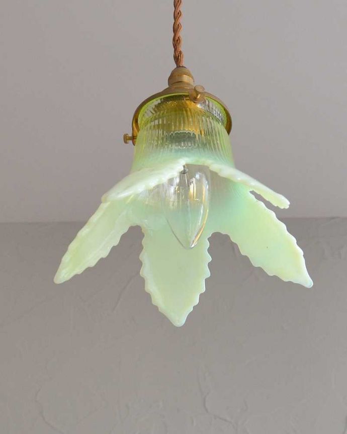 ペンダントライト　照明・ライティング　グリーンのヴァセリンが美しい、アンティークシェードペンダントライト（コード・シャンデリア電球・ギャラリーA付き）。。(j-164-z)