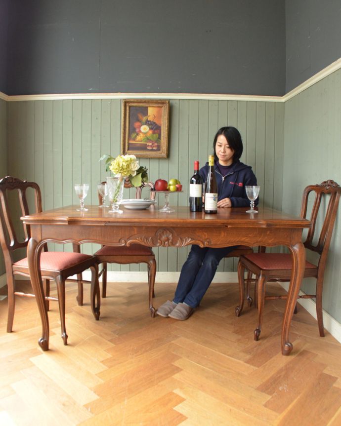 ロイドテーブル　アンティーク家具　３WAYで楽しめるドローリーフテーブル（伸張式）、南プロヴァンスのアンティーク家具。伸ばさずに使っても充分な大きさ。(j-1855-f)