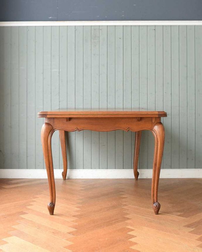 アンティークのテーブル　アンティーク家具　美しいパーケット柄が魅力のアンティーク家具、ドローリーフテーブル（伸張式ダイニングテーブル）。こちら側も、もちろんキレイです。(j-2159-f)