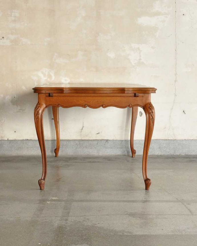 アンティークのテーブル　アンティーク家具　フランス輸入の美しいドローリーフテーブル、パーケットリーの伸張式ダイニングテーブル。こちら側も、もちろんキレイです。(j-2555-f)