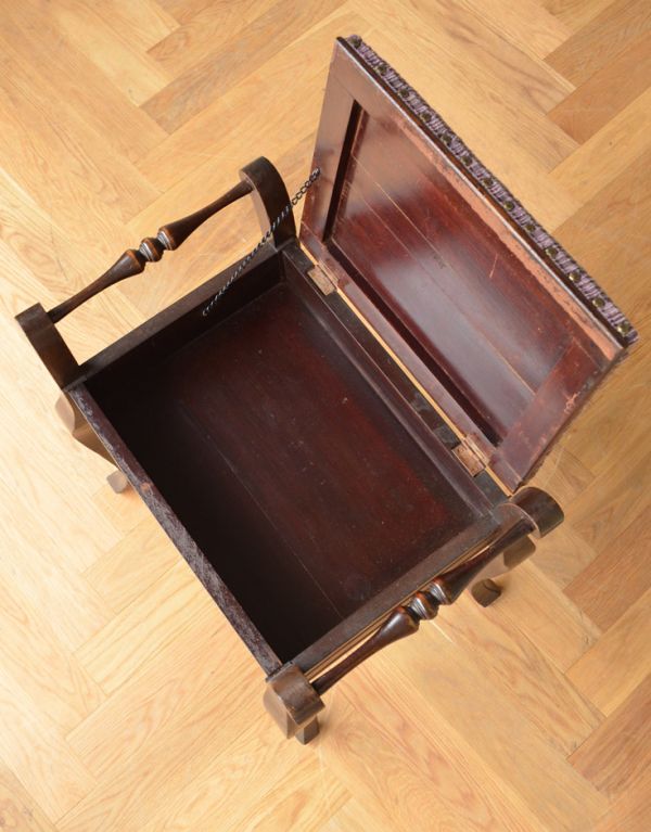 イギリスの収納付アンティークの椅子、布張りのスツール（ピアノ 