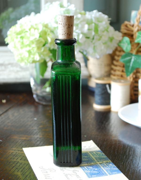アンティークコルク付きグリーンのガラスボトル(k-1249-z)｜アンティーク雑貨