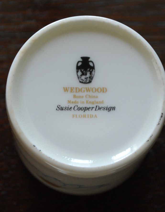 スージークーパー　アンティーク雑貨　めずらしいデザインのスージークーパーFlorida(フロリダのコーヒーカップ＆ソーサー（ボーンチャイナ）。裏側には品質の証製造メーカー保証の意味がこもった窯印、ポーセリンマークがあります。(k-1679-z)