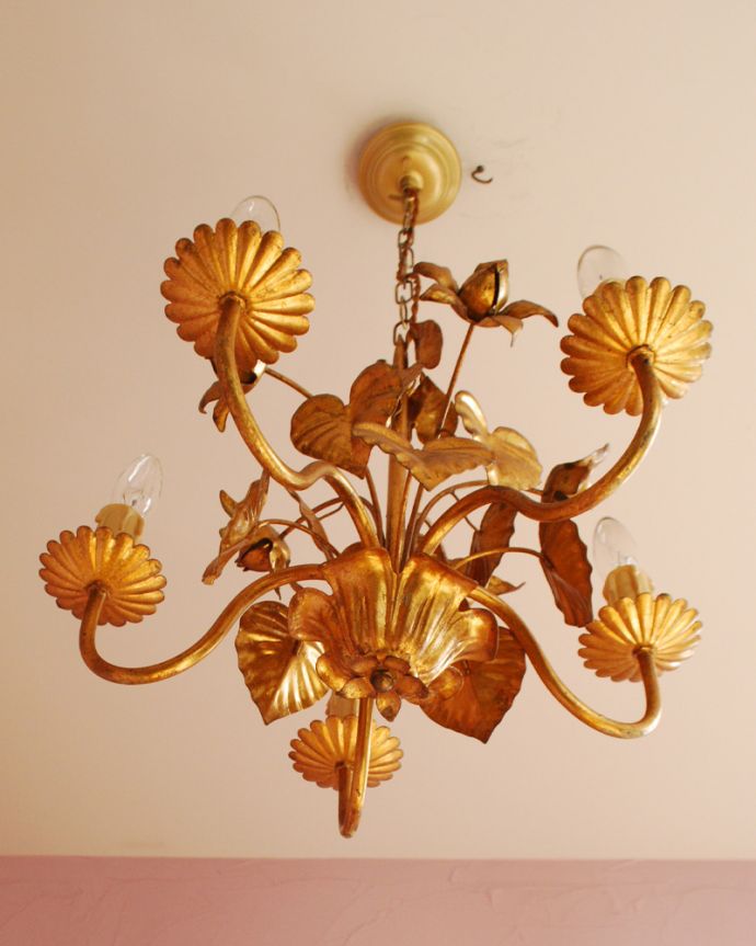 シャンデリア　照明・ライティング　フランス便で到着、お花の装飾が華やかなアンティーク5灯シャンデリア（Ｅ17シャンデリア球付）。下から眺めても、華やかで重厚な装飾が魅力です。(k-1751-z)