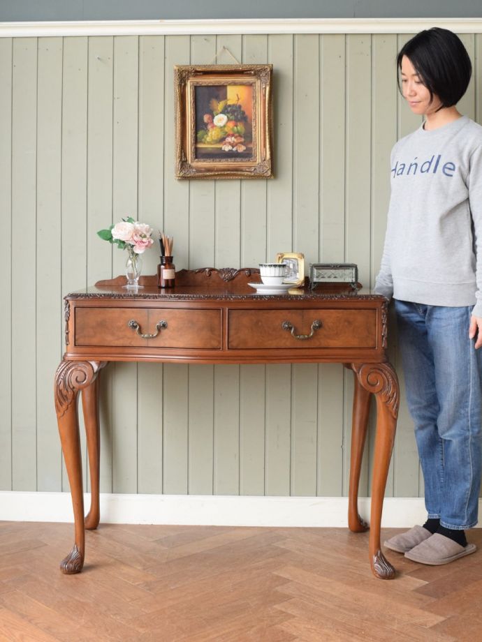 人気商品！】 英国アンティーク 木製テーブル イギリスデスク 猫足 
