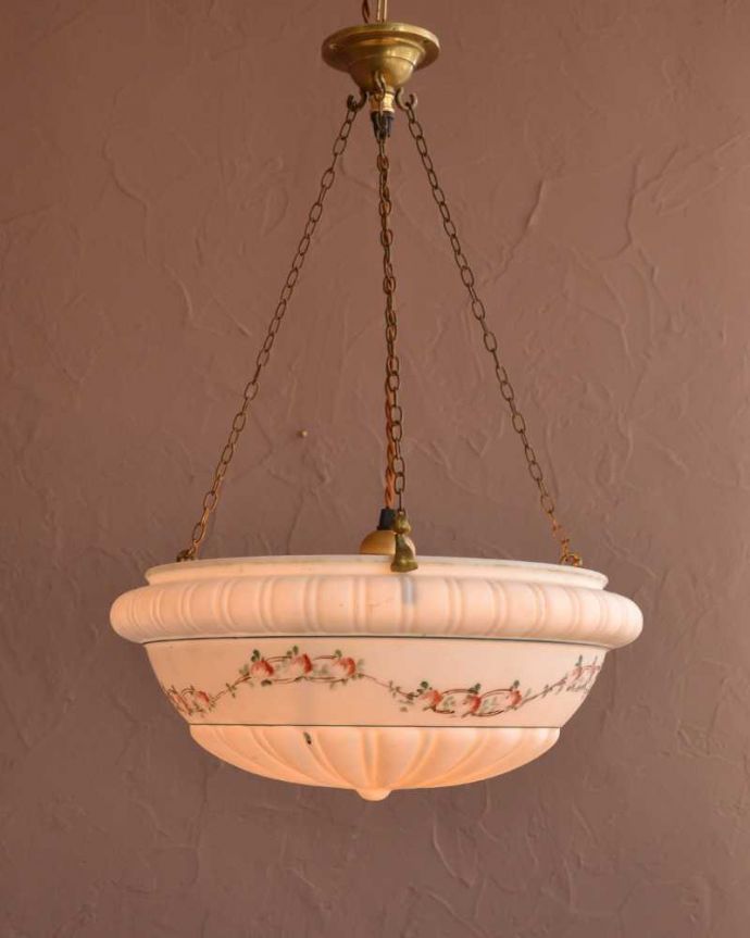 シャンデリア　照明・ライティング　小さなバラのガーランドが描かれたアンティークハンギングボウル(Ｅ26球付き)。。(k-3372-z)
