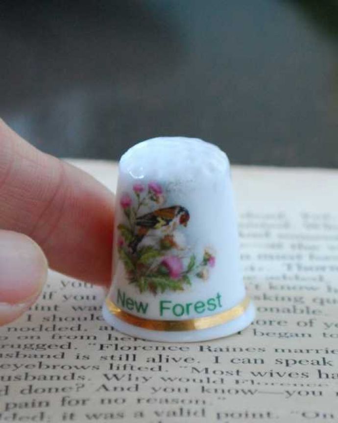 アンティーク 陶磁器の雑貨　アンティーク雑貨　ニュー・フォレストのアンティークシンブル（あざみのお花と小鳥）。コレクションしたくなる可愛らしさ指の帽子（finger hat)とも呼ばれるコロンとした形。(k-3857-z)