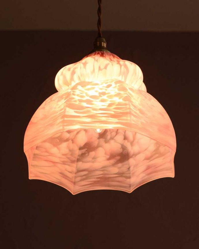 イギリスアンティーク　マーブルガラス×桜色のペンダントライト【43-415】天井照明　ランプシェード　コード色長さ変更可能！
