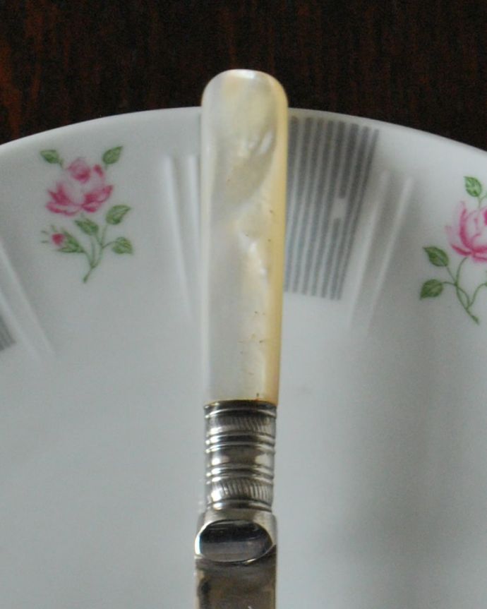 アンティーク シルバー製　アンティーク雑貨　マザーオブパールのハンドルが美しい、アンティークシルバープレートのジャムスプーン。憧れのマザーオブパール持ち手の部分は、真珠を作るマザーオブパールと呼ばれる白蝶貝で出来た貴重なもの。(k-4097-z)
