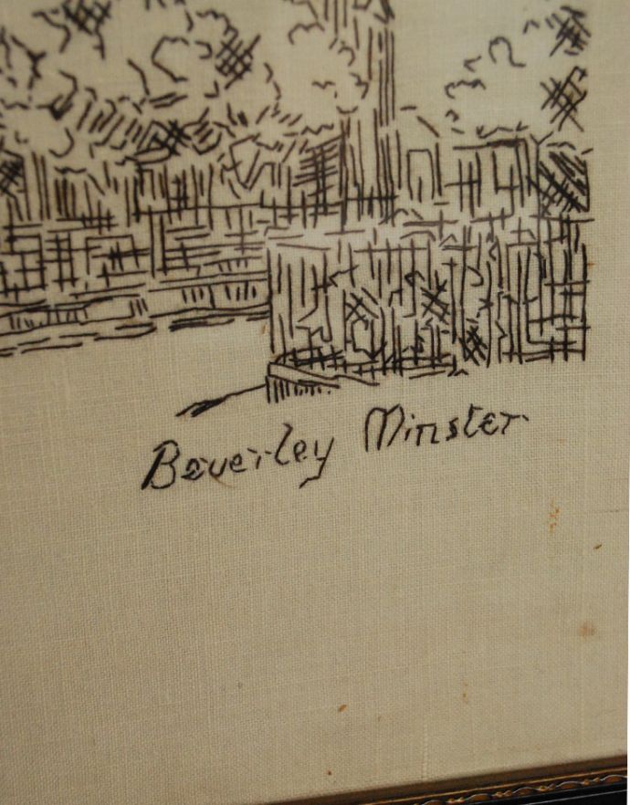 木の雑貨　アンティーク雑貨　刺繍で描かれた「Beverley Minster」英国で見つけたフレームの額絵。「Beverley Minster」のロゴが入っています。(m-1389-z)