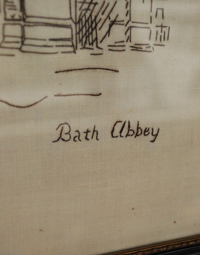 木の雑貨　アンティーク雑貨　刺繍で描かれた「Bath Abbey」英国で見つけたフレームの額絵 。「Bath Abbey」のロゴが入っています。(m-1390-z)