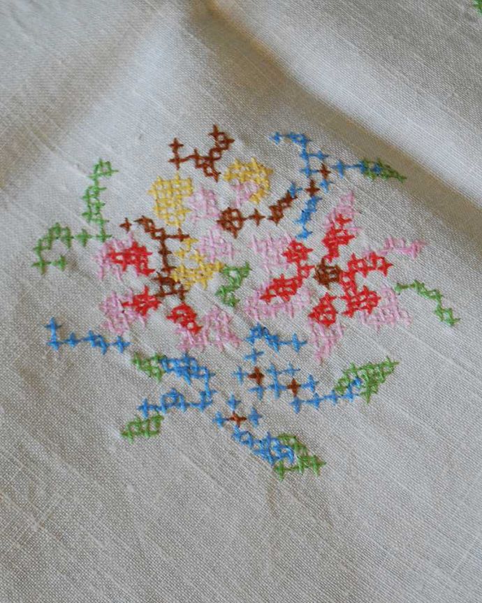 アンティーク 布製の雑貨　アンティーク雑貨　フランスで見つけたアンティーク、お花の刺繍がたっぷり入ったテーブルクロス。一枚一枚手作業で丁寧に編み込まれています一つ一つ手作りで作られたアンティークのレース。(m-3614-z)