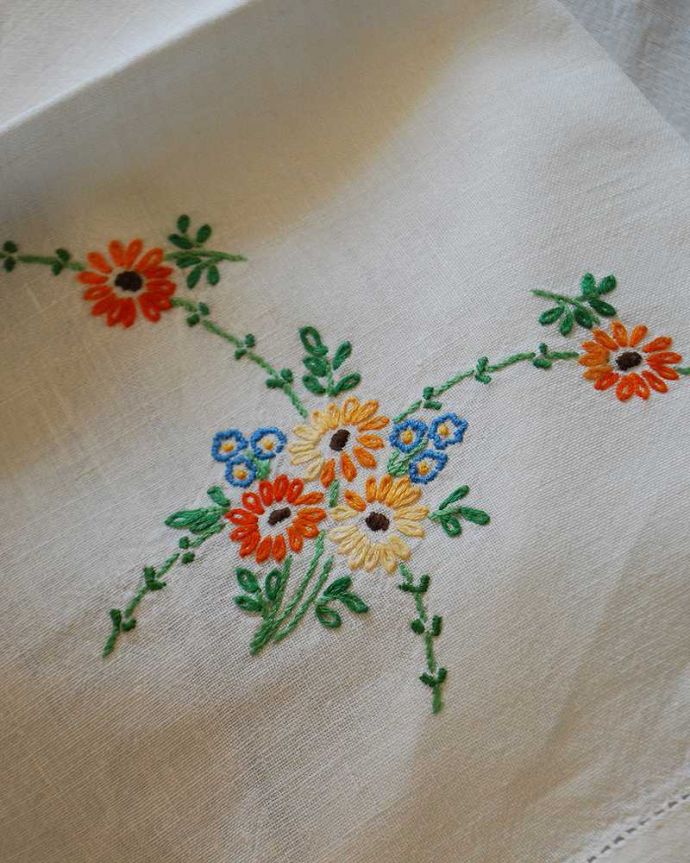 アンティーク 布製の雑貨　アンティーク雑貨　フランスで見つけたアンティーク、可愛いお花の刺繍のテーブルクロス。一枚一枚手作業で丁寧に編み込まれています一つ一つ手作りで作られたアンティークのレース。(m-3615-z)