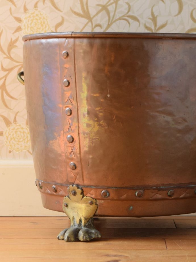 英国アンティークのおしゃれなコッパーバケツ、銅のコールボックス