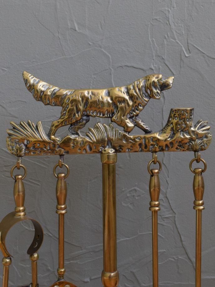 犬モチーフの暖炉ファイヤーツール、アンティークの真鍮製コンパニオン