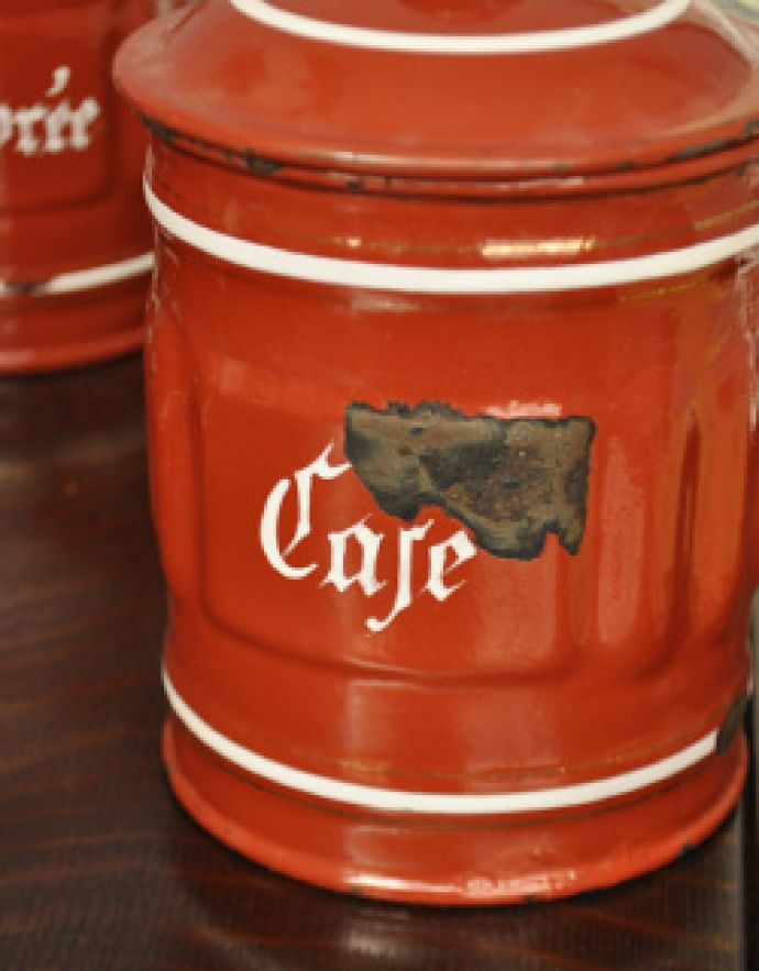 アンティーク ホーロー・アイアン製の雑貨　アンティーク雑貨　キャラメルブラウンのアンティーク キャニスターセット。（CAFE）コーヒー。(m-986-z)
