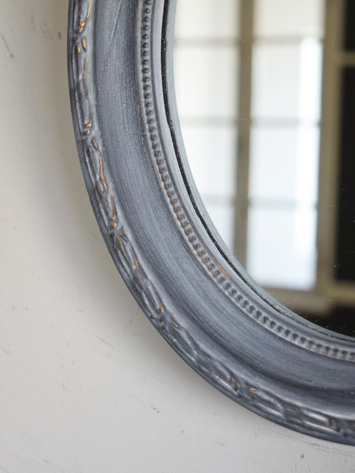 フランス アンティーク リボン フレーム ミラー 鏡 ブルーグレー 