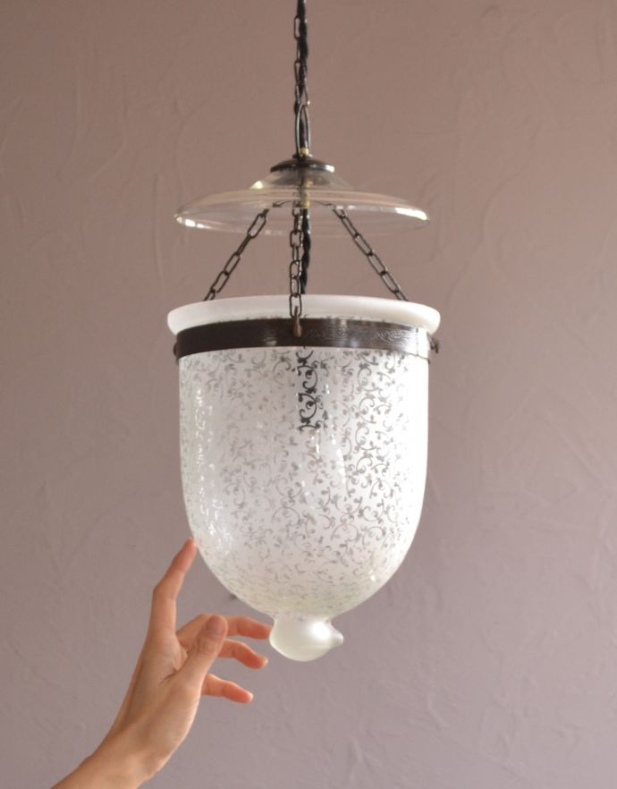 ペンダントライト　照明・ライティング　フロストグラスに植物のデザインがキレイなハンギングガラスシェード、アンティーク風ランプ（電球なし） 。お部屋のアクセントになってくれる、お洒落な形のペンダントランプです。(pl-146)