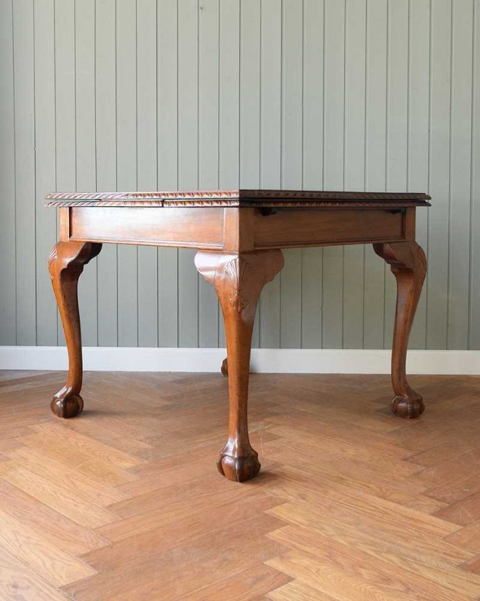 アンティークのテーブル　アンティーク家具　猫脚のアンティーク家具、英国のドローリーフテーブル（伸張式）。こちら側も、もちろんキレイです。(q-1558-f)