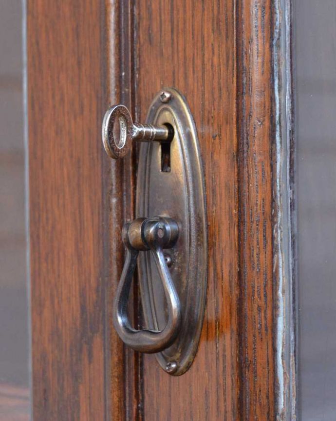 アンティークのキャビネット　アンティーク家具　英国のアンティーク家具、ケイム材でデザインされた美しいガラス扉のブックケース。大切なものも収納出来ますおとぎ話に出てくるような可愛いアンティークの鍵が付いています。(q-1680-f)