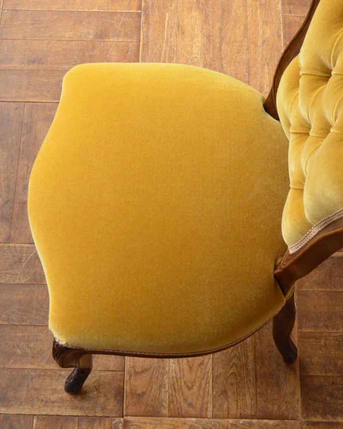 サロンチェア　アンティーク チェア　華やかなイエローのサロンチェア、美しいアンティークの椅子。すわり心地がいい座面。(q-175-c)