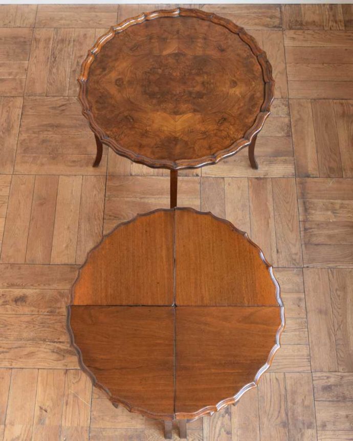 アンティークのテーブル　アンティーク家具　英国アンティーク家具、５点セットになった美しいネストテーブル。5つを並べて上から見てみましょう大中小5つを並べてみると、こんな感じです。(q-1751-f)