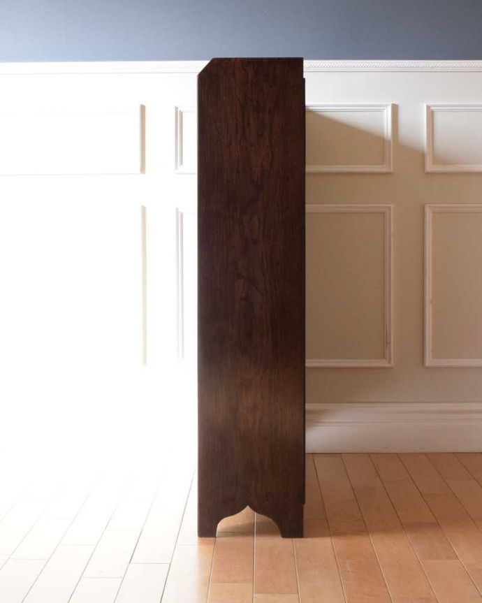 アンティークのキャビネット　アンティーク家具　美しいステンドグラスの扉、英国アンティーク家具のブックケース（本棚）。横から見てもステキ横から見るとこんな感じ。(q-1952-f)