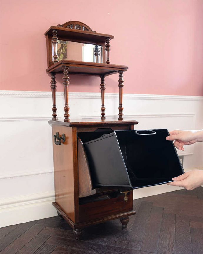 アンティークのキャビネット　アンティーク家具　1890年代の英国アンティーク家具、浮き彫りが美しいミラー付きのコールボックス。取り外すことができますボックスは取り外せます。(q-1994-f)